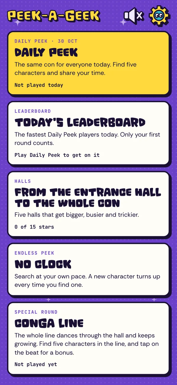 Peek-a-Geek menu with Daily Peek, today's leaderboard, halls and Endless Peek